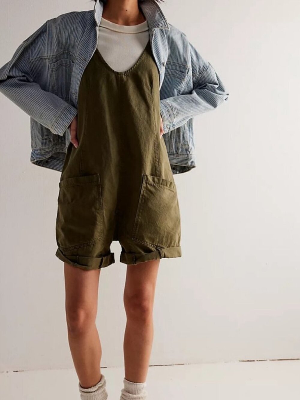 We the Free People High Roller Shortall XS Olive Green Slouchy Romper Overalls